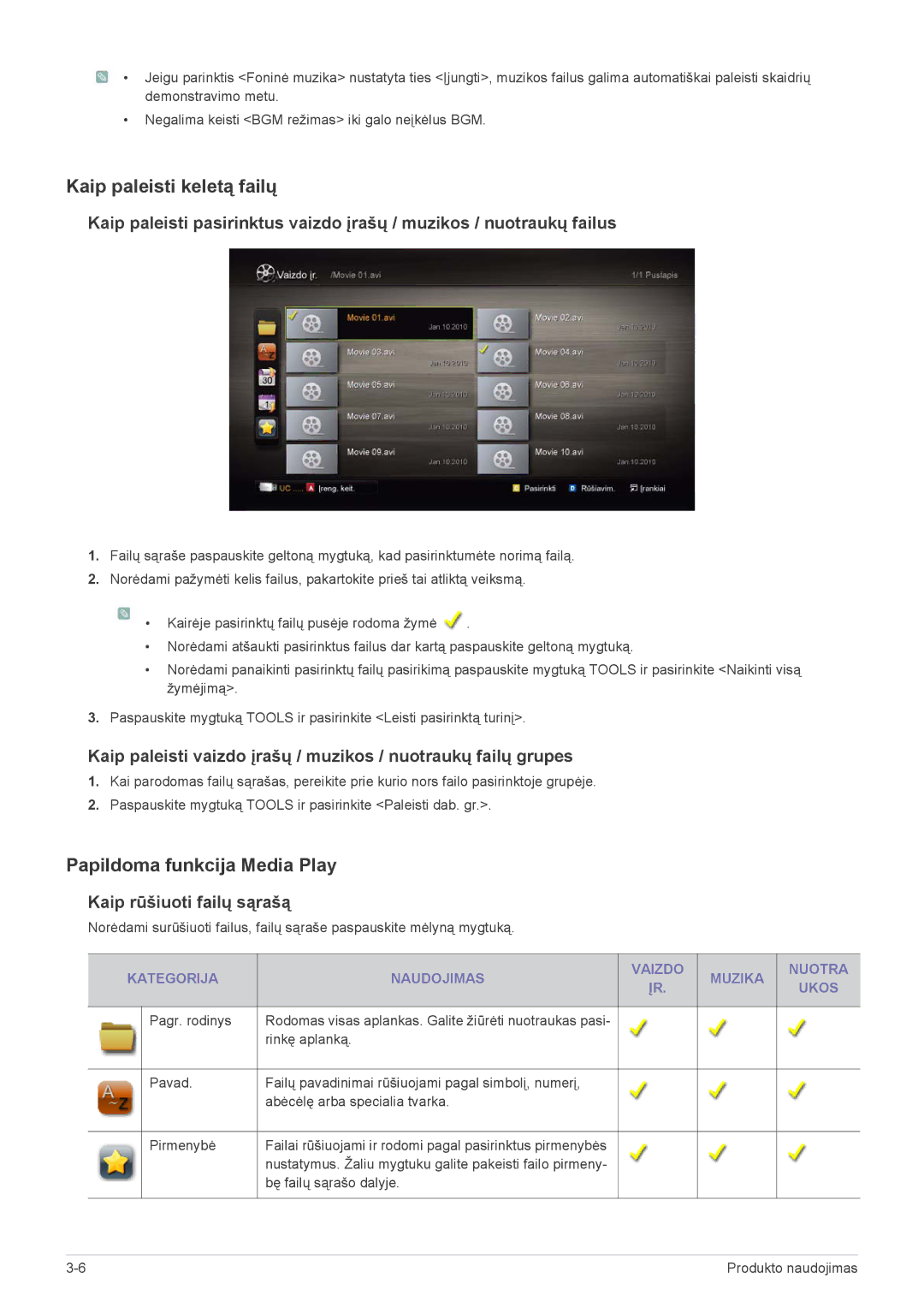 Samsung LS24F9DSM/EN Kaip paleisti keletą failų, Papildoma funkcija Media Play, Kaip rūšiuoti failų sąrašą, Pagr. rodinys 