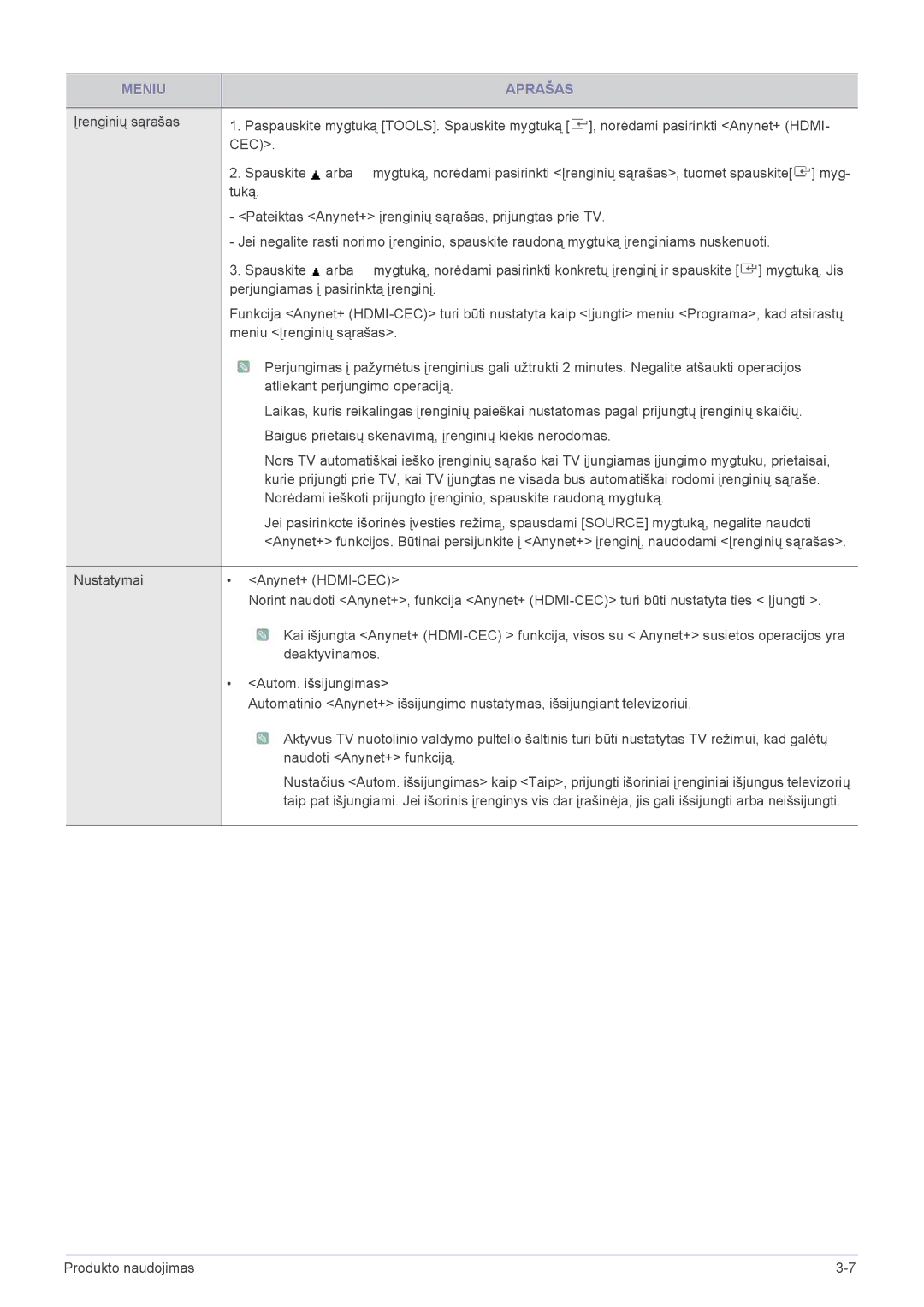 Samsung LS24F9DSM/EN manual Meniu Aprašas 