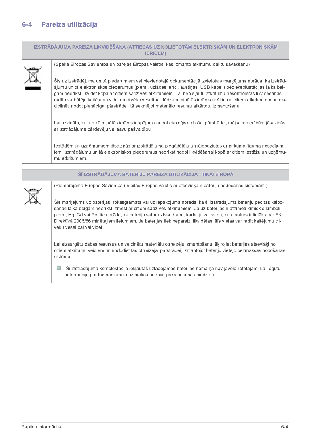 Samsung LS24F9DSM/EN manual Pareiza utilizācija, ŠĪ Izstrādājuma Bateriju Pareiza Utilizācija Tikai Eiropā 