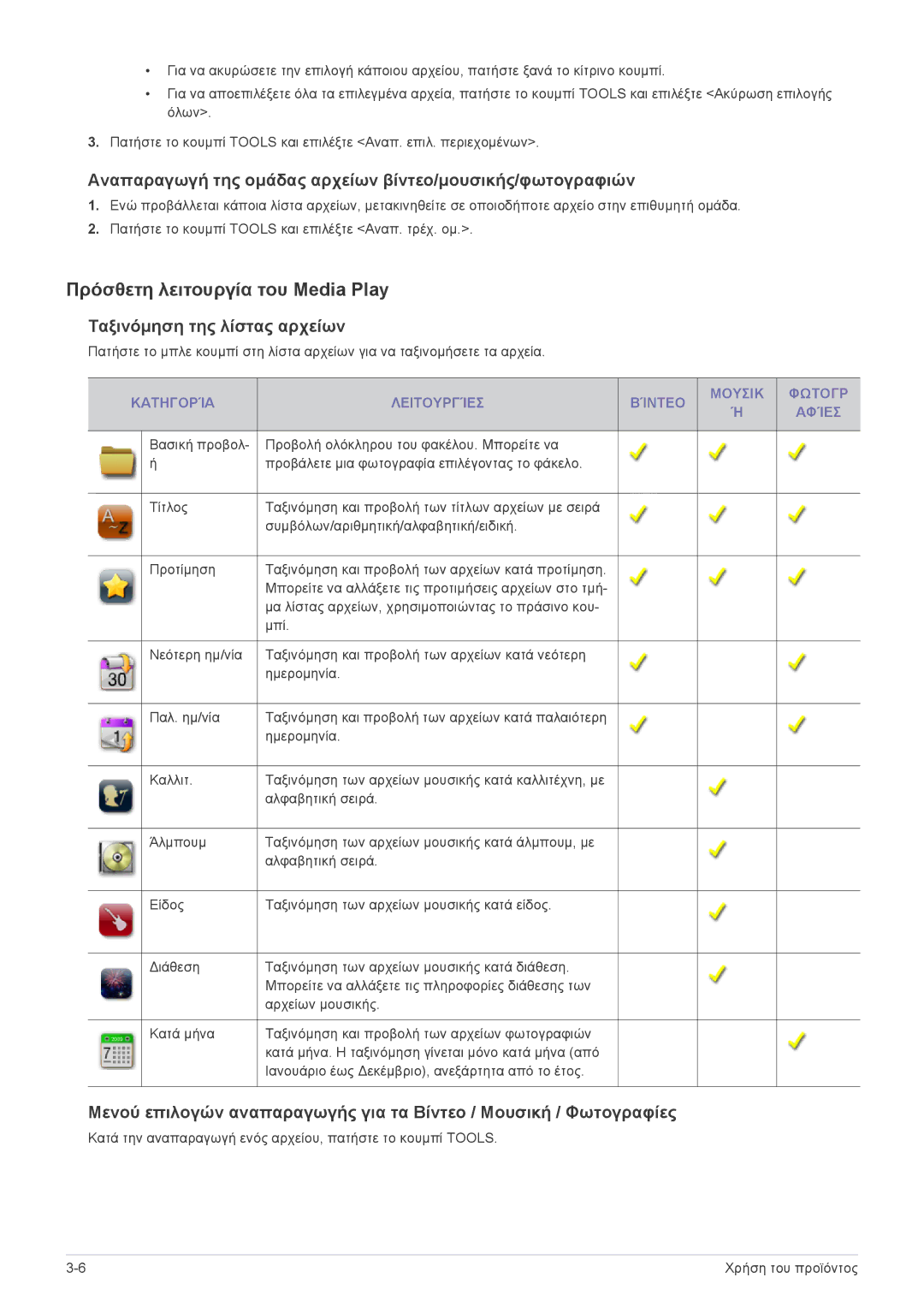 Samsung LS24F9DSM/EN manual Πρόσθετη λειτουργία του Media Play, Αναπαραγωγή της ομάδας αρχείων βίντεο/μουσικής/φωτογραφιών 