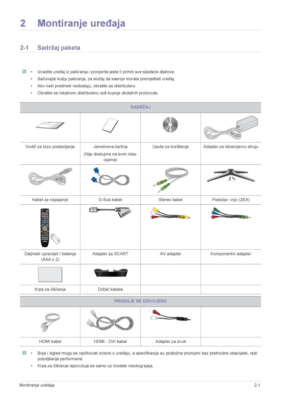 Samsung LS24F9DSM/EN manual Sadržaj paketa, Prodaje SE Odvojeno 