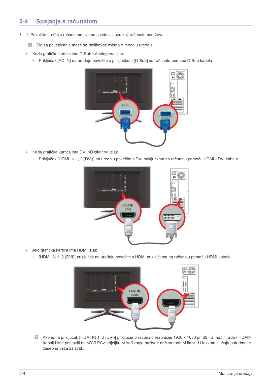 Samsung LS24F9DSM/EN manual Spajanje s računalom 