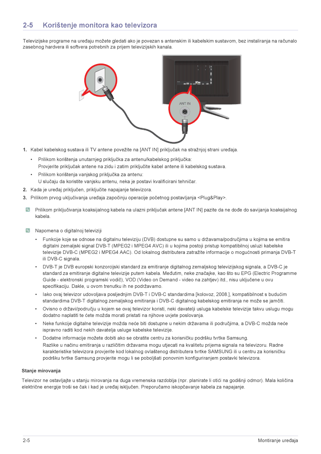 Samsung LS24F9DSM/EN manual Korištenje monitora kao televizora, Stanje mirovanja 