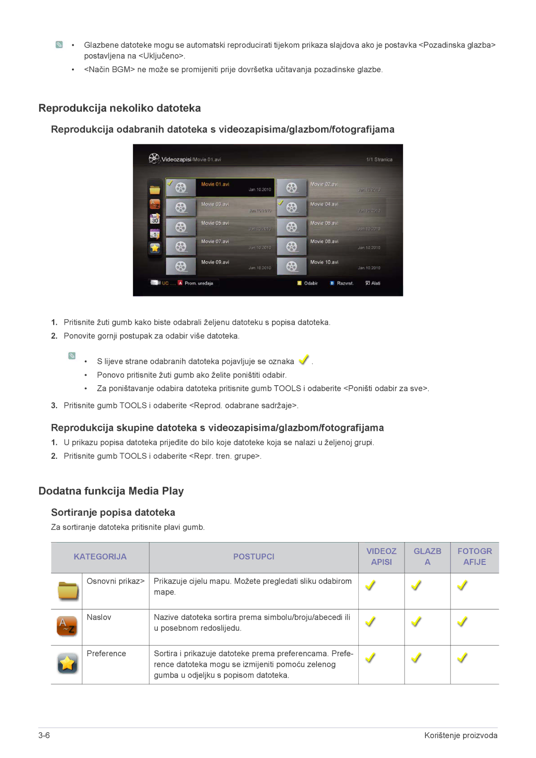 Samsung LS24F9DSM/EN manual Reprodukcija nekoliko datoteka, Dodatna funkcija Media Play, Sortiranje popisa datoteka 