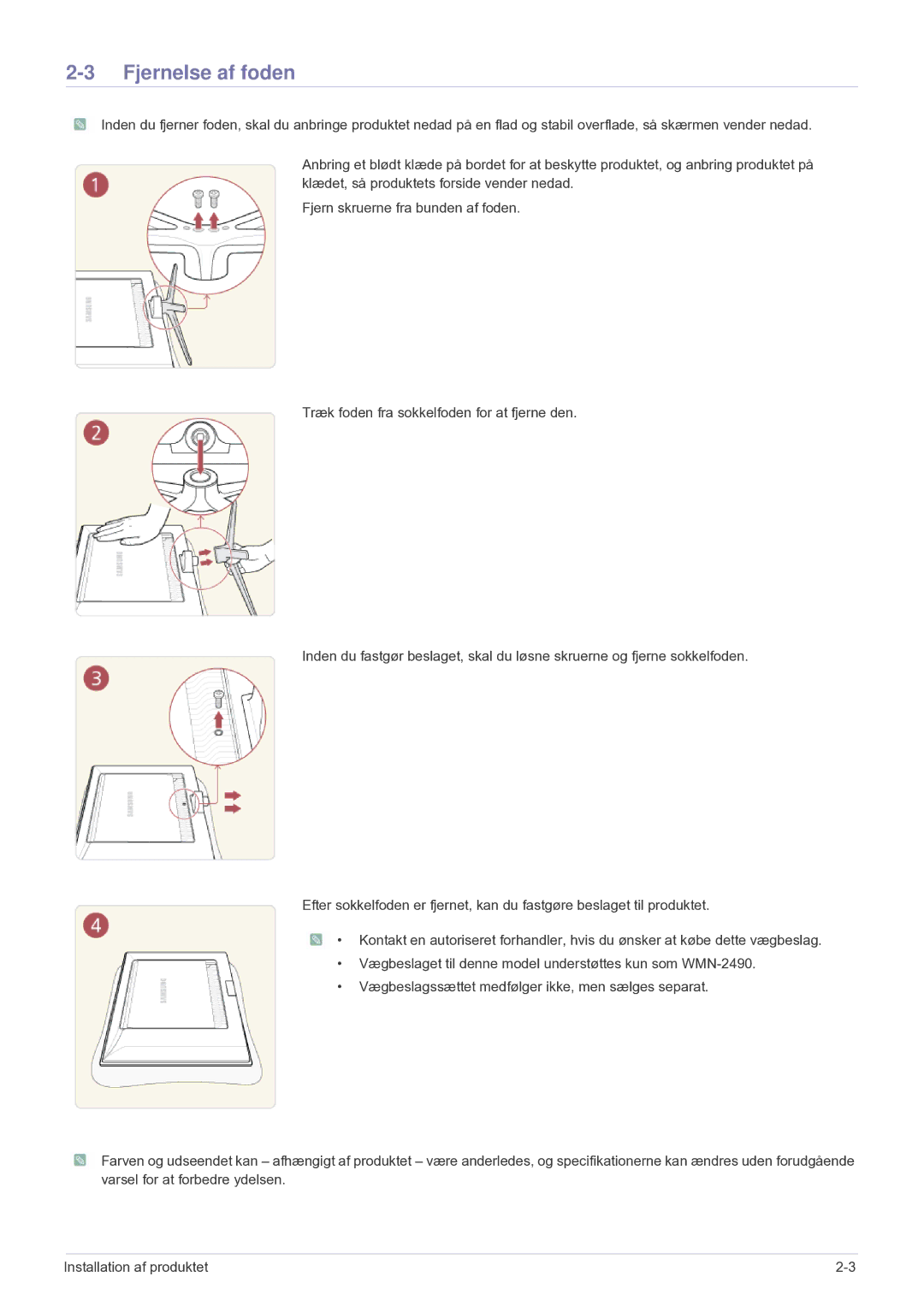 Samsung LS24F9DSM/XE manual Fjernelse af foden 