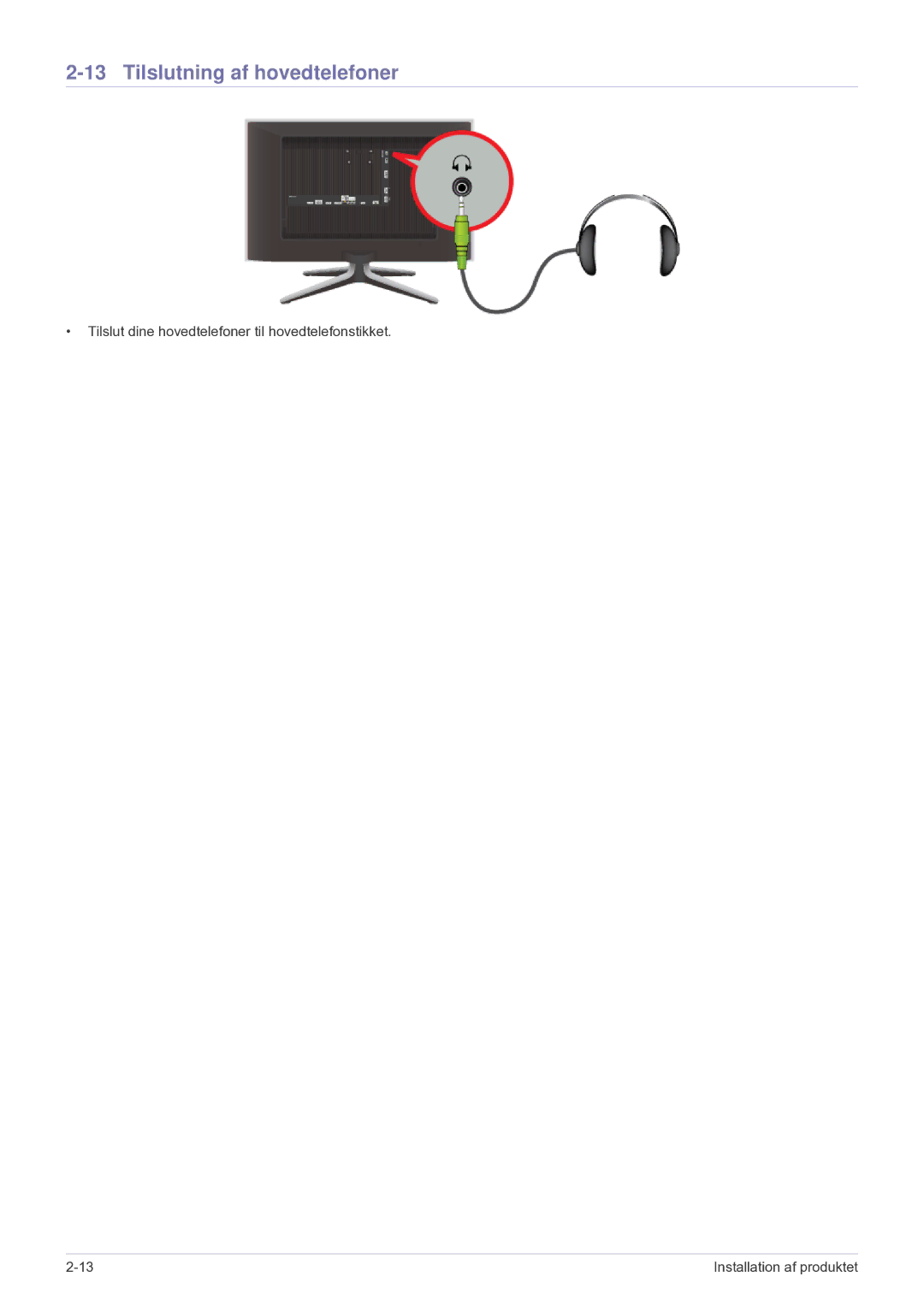 Samsung LS24F9DSM/XE manual Tilslutning af hovedtelefoner 