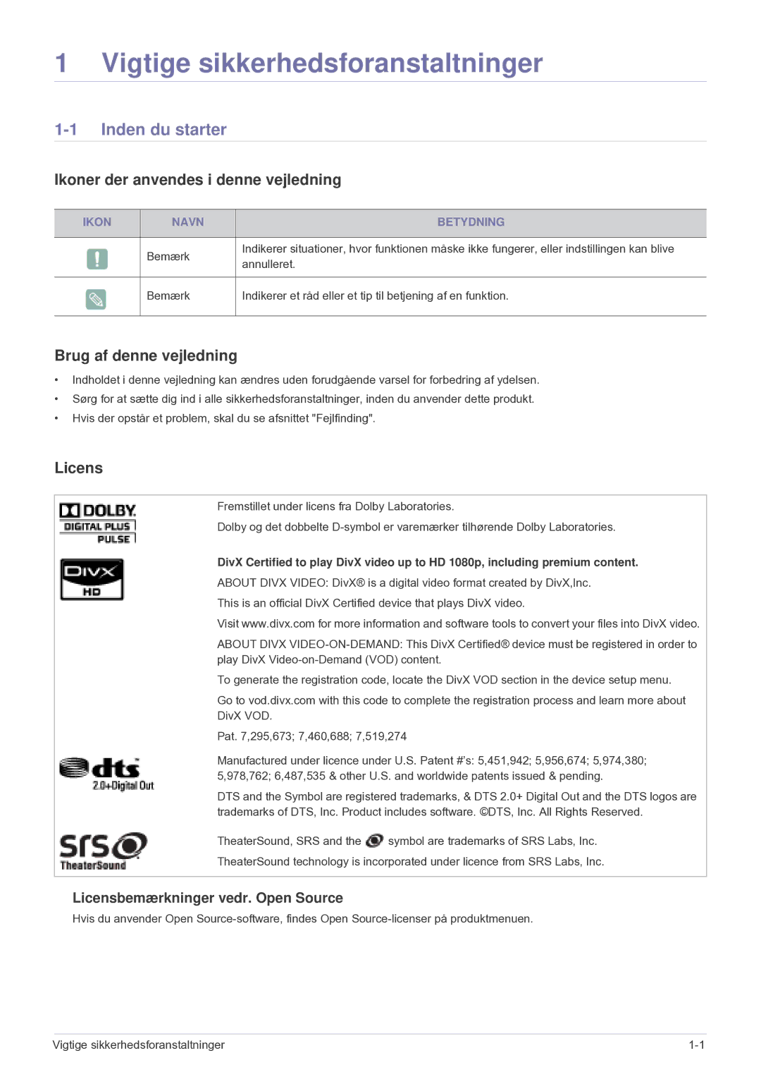 Samsung LS24F9DSM/XE manual Inden du starter, Ikoner der anvendes i denne vejledning, Brug af denne vejledning, Licens 