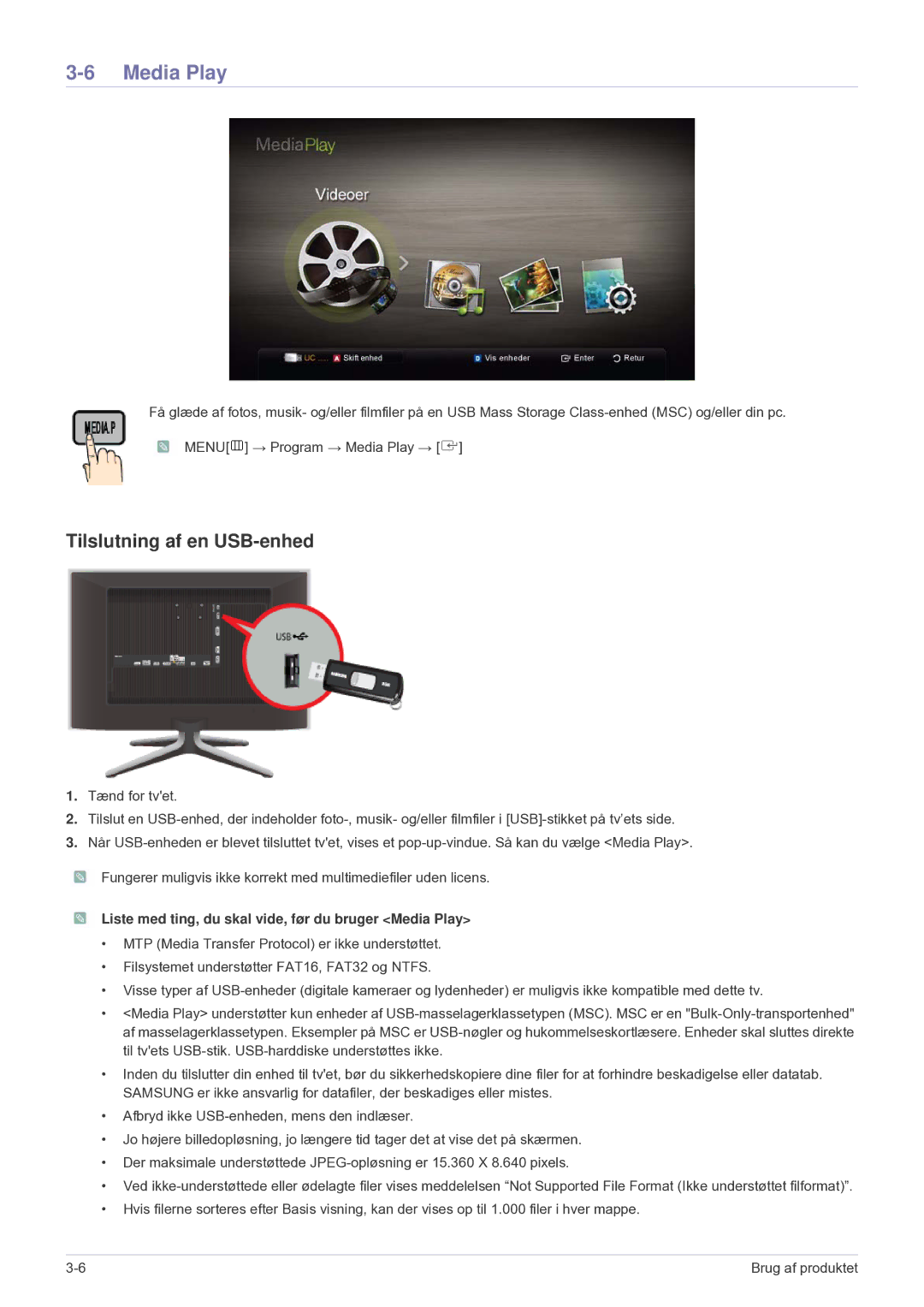 Samsung LS24F9DSM/XE manual Tilslutning af en USB-enhed, Liste med ting, du skal vide, før du bruger Media Play 