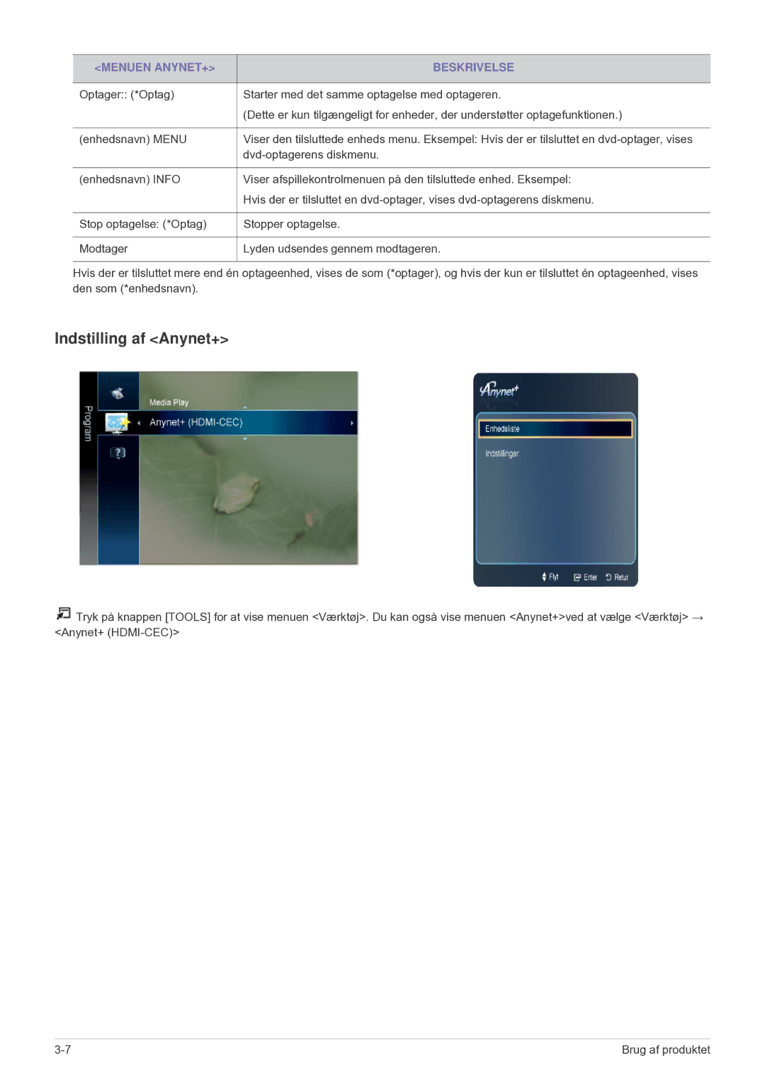 Samsung LS24F9DSM/XE manual Indstilling af Anynet+ 