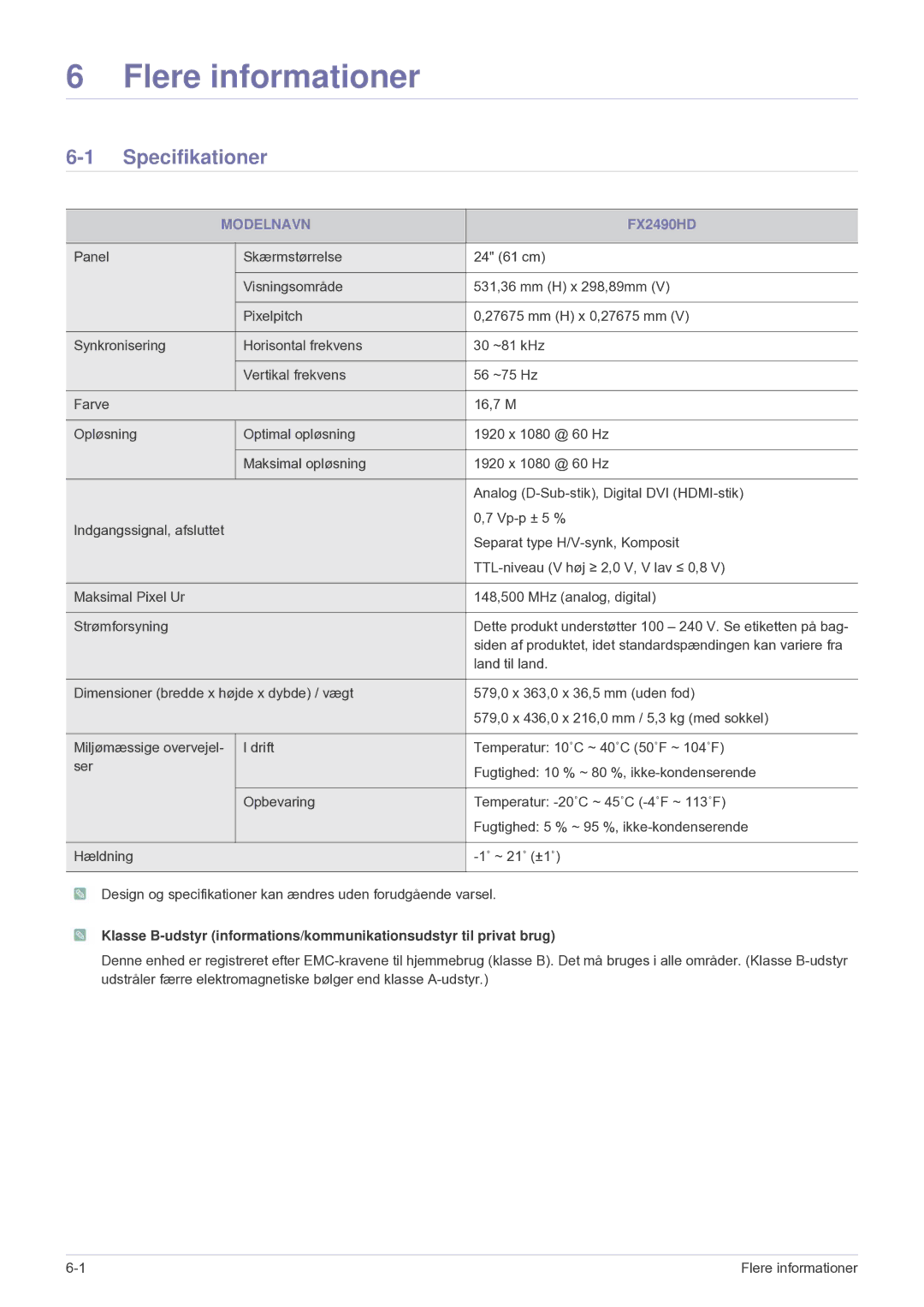 Samsung LS24F9DSM/XE manual Specifikationer, Modelnavn 