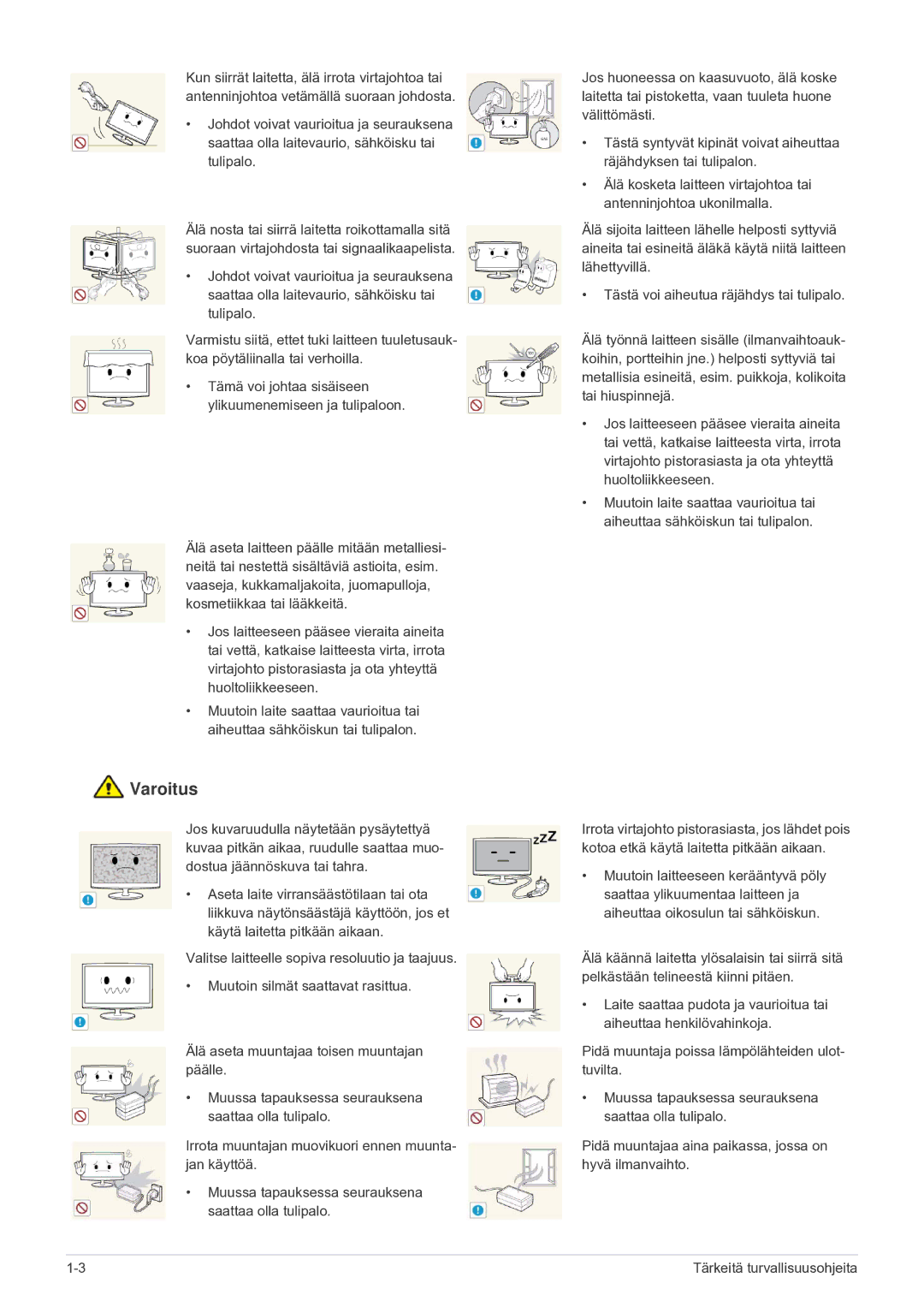 Samsung LS24F9DSM/XE manual Tämä voi johtaa sisäiseen ylikuumenemiseen ja tulipaloon 