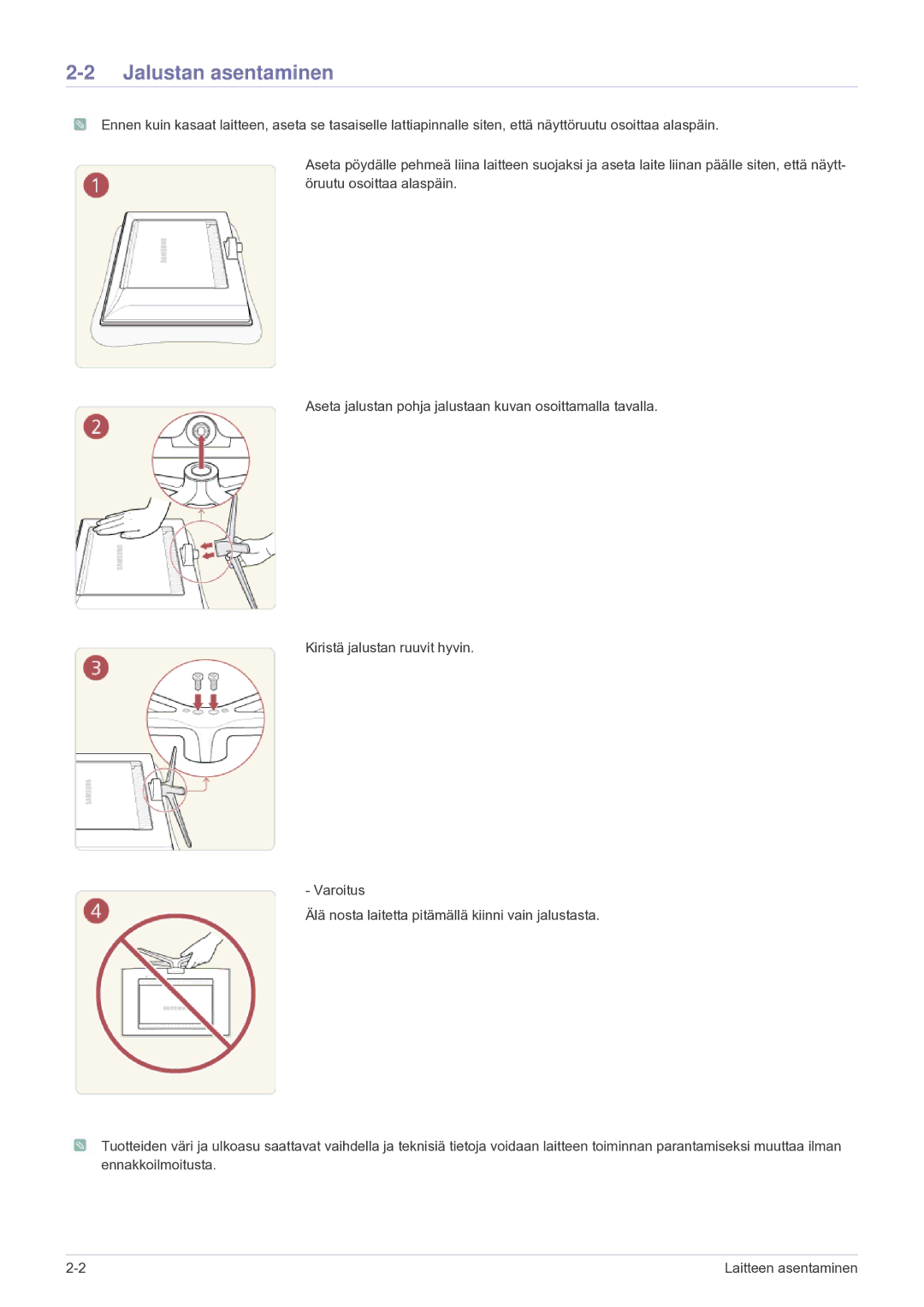 Samsung LS24F9DSM/XE manual Jalustan asentaminen 