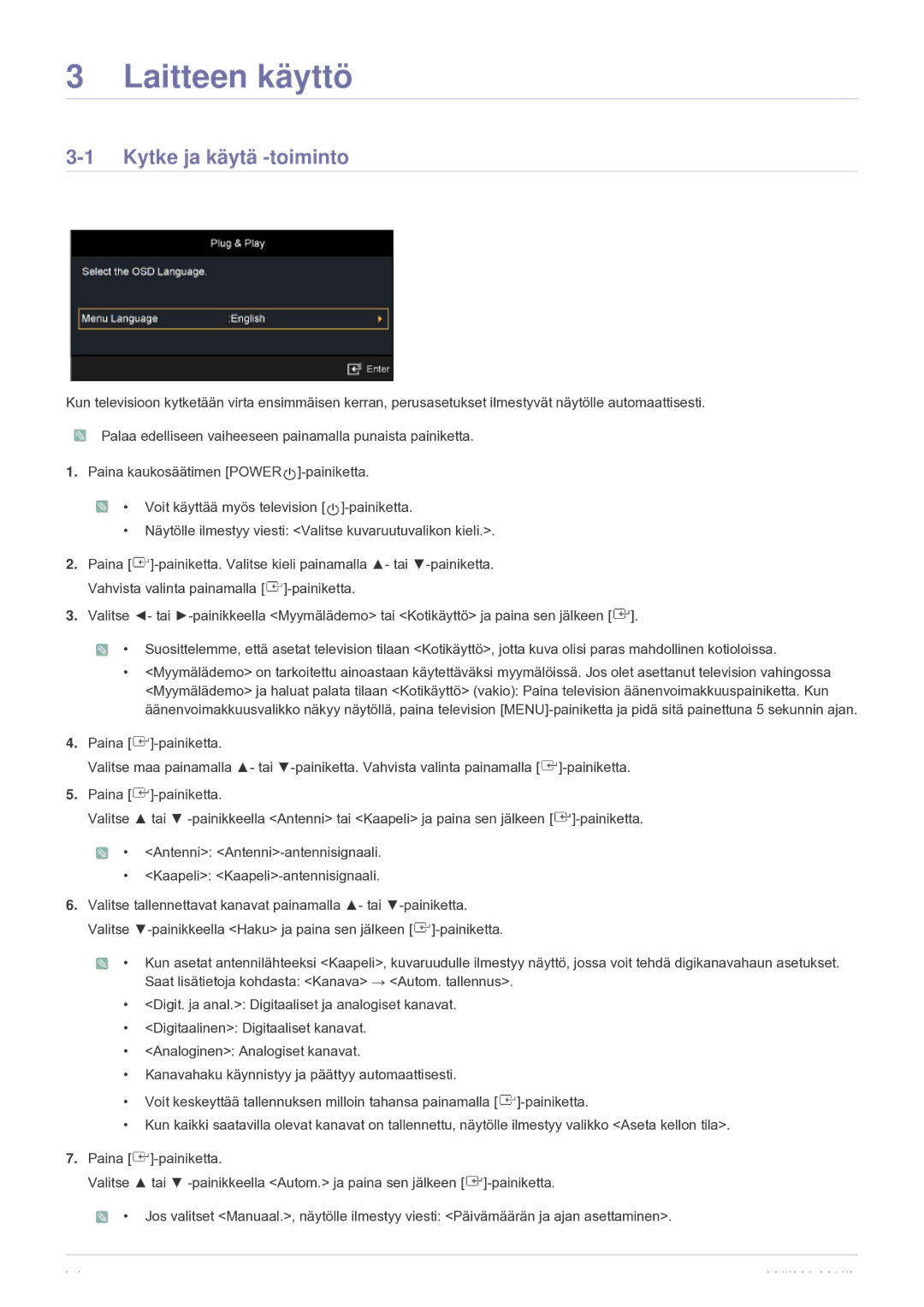 Samsung LS24F9DSM/XE manual Laitteen käyttö, Kytke ja käytä -toiminto 