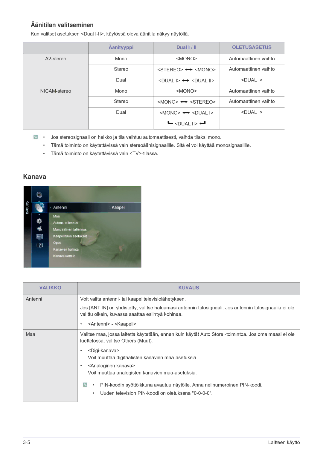 Samsung LS24F9DSM/XE manual Kanava, Äänitilan valitseminen, Oletusasetus 