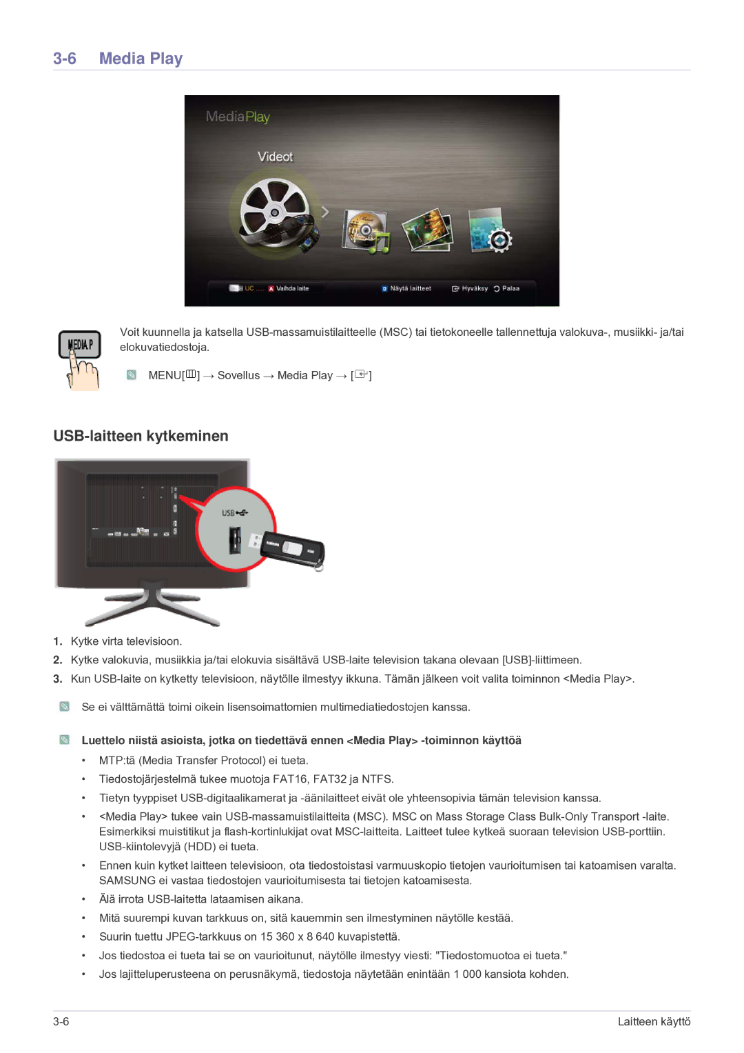 Samsung LS24F9DSM/XE manual Media Play, USB-laitteen kytkeminen 