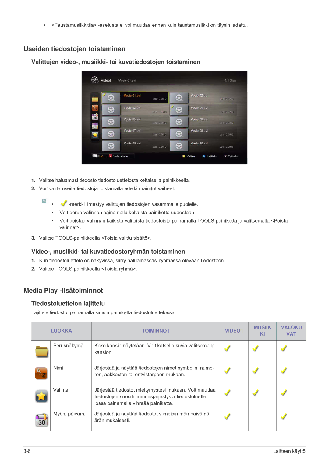 Samsung LS24F9DSM/XE manual Useiden tiedostojen toistaminen, Media Play -lisätoiminnot, Tiedostoluettelon lajittelu 