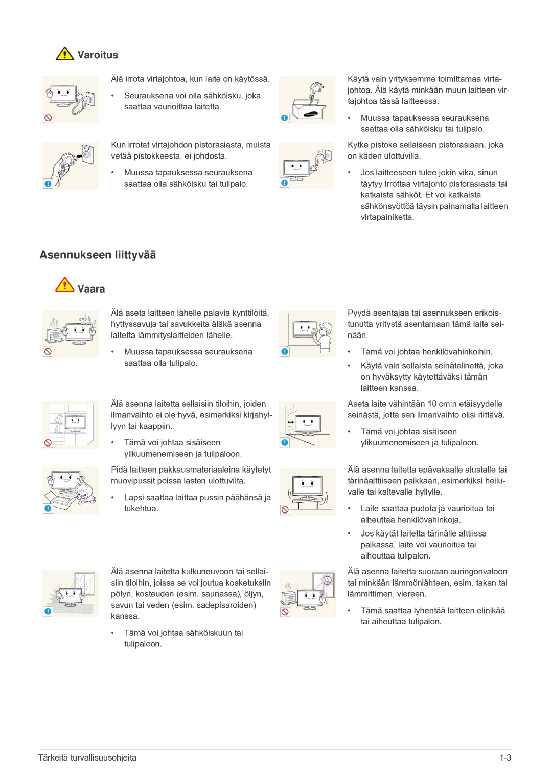 Samsung LS24F9DSM/XE manual Asennukseen liittyvää, Varoitus 