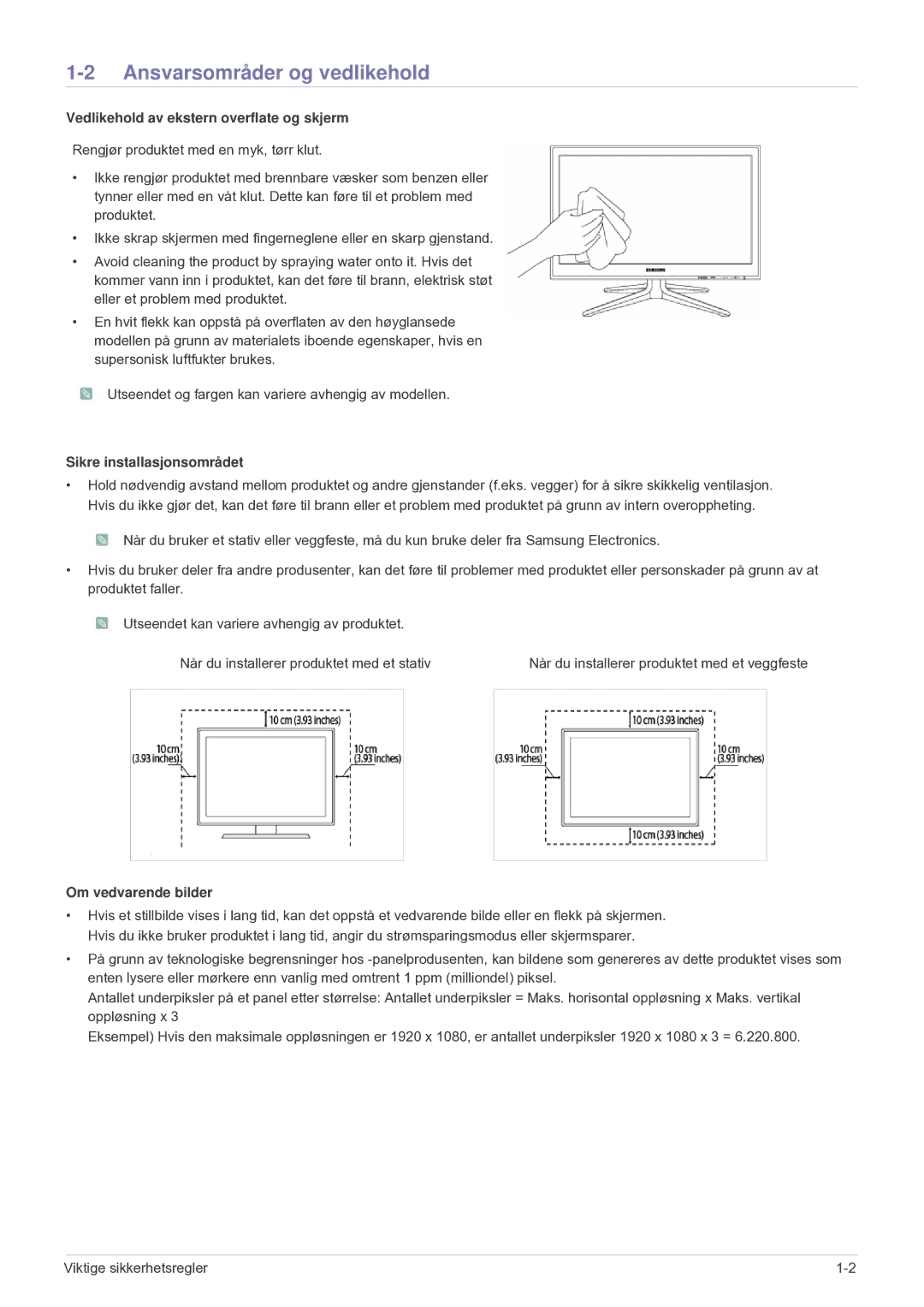 Samsung LS24F9DSM/XE Ansvarsområder og vedlikehold, Vedlikehold av ekstern overflate og skjerm, Sikre installasjonsområdet 