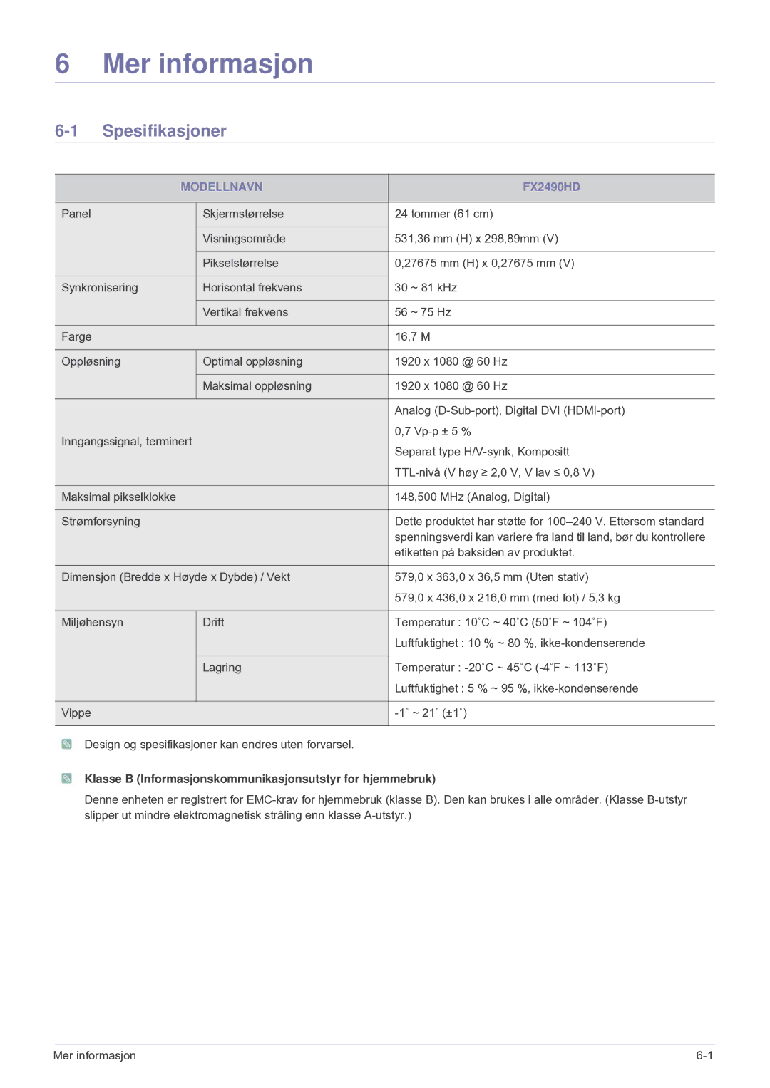 Samsung LS24F9DSM/XE manual Spesifikasjoner, Modellnavn, Klasse B Informasjonskommunikasjonsutstyr for hjemmebruk 