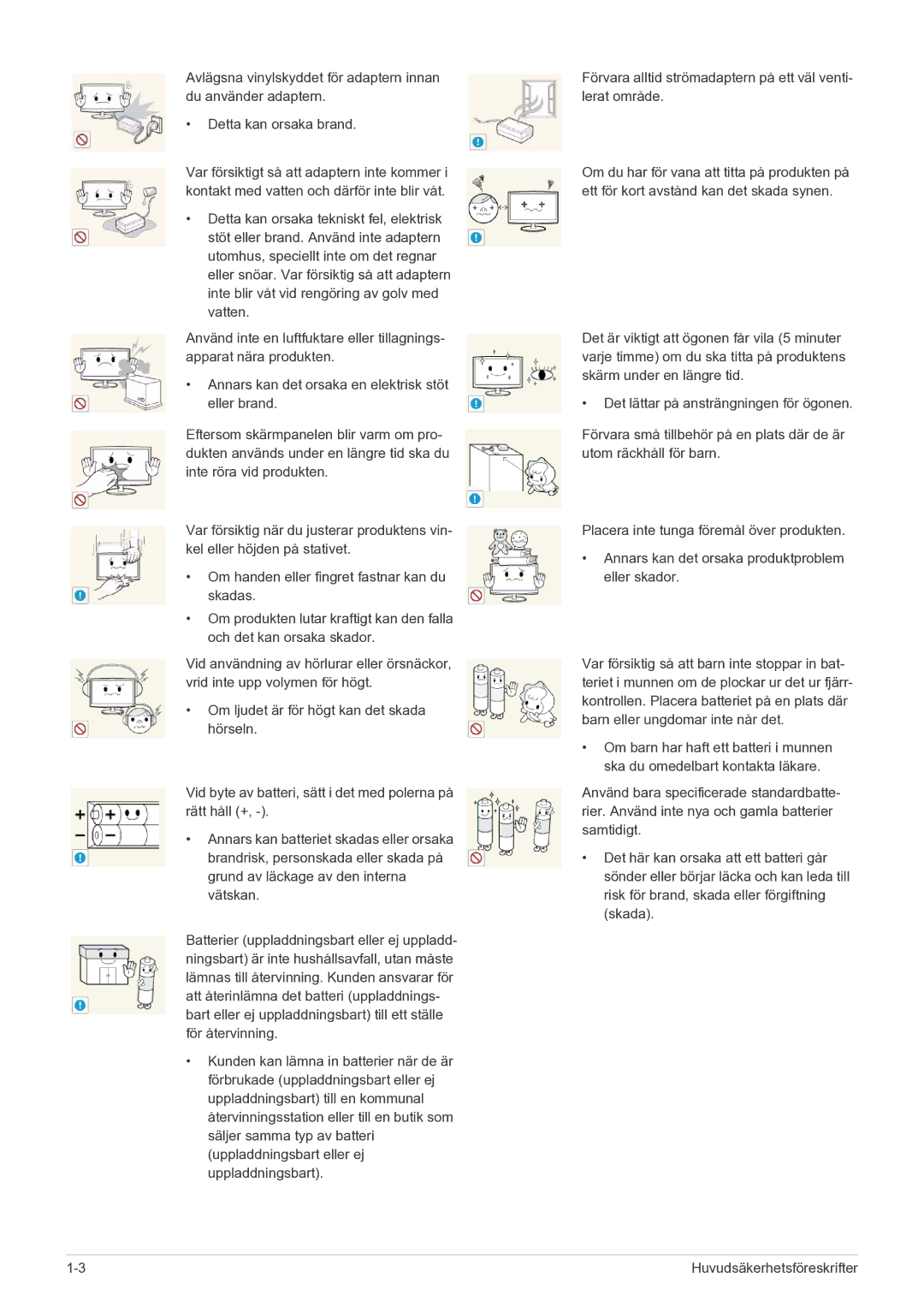 Samsung LS24F9DSM/XE manual Huvudsäkerhetsföreskrifter 