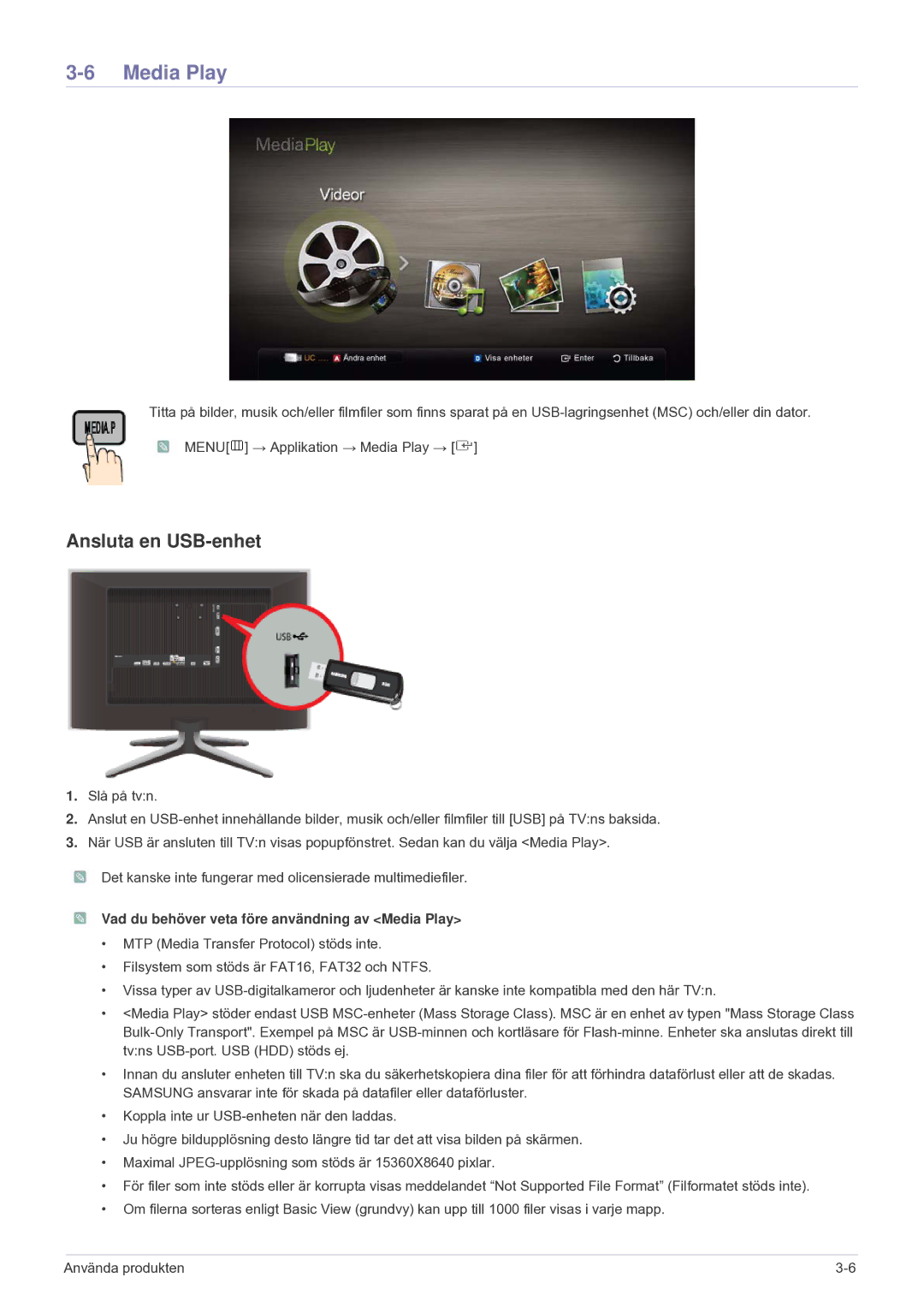 Samsung LS24F9DSM/XE manual Ansluta en USB-enhet, Vad du behöver veta före användning av Media Play 
