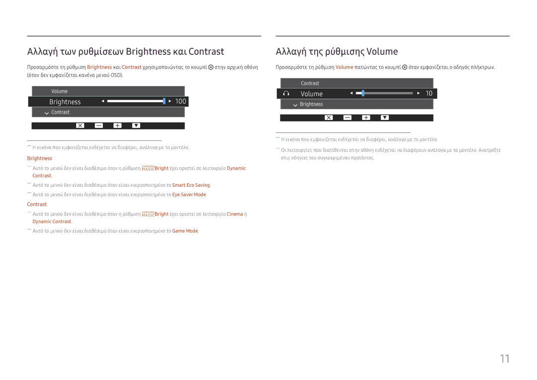 Samsung LS27H650FDUXEN, LS24H650FDUXEN manual Αλλαγή των ρυθμίσεων Brightness και Contrast, Αλλαγή της ρύθμισης Volume 