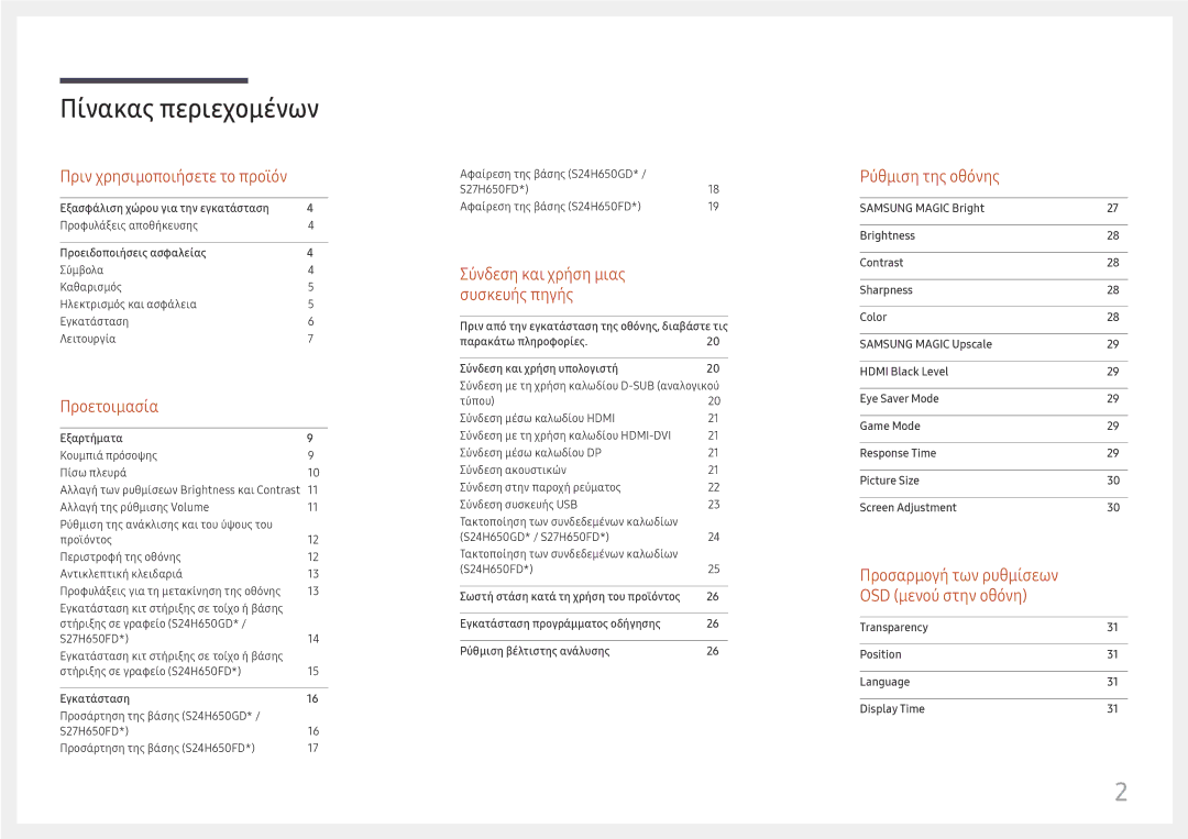 Samsung LS24H650FDUXEN, LS27H650FDUXEN manual Πίνακας περιεχομένων 