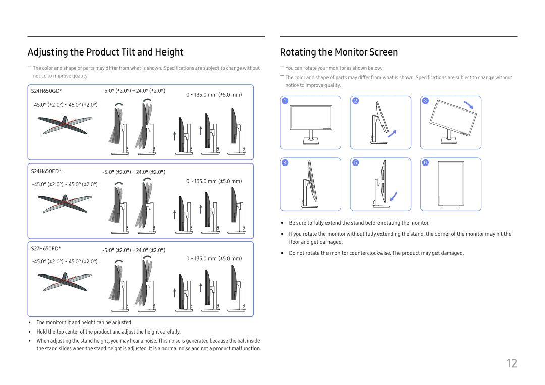 Samsung LS24H650GDUXXE, LS24H650GDUXEN, LS24H650FDUXEN Adjusting the Product Tilt and Height, Rotating the Monitor Screen 