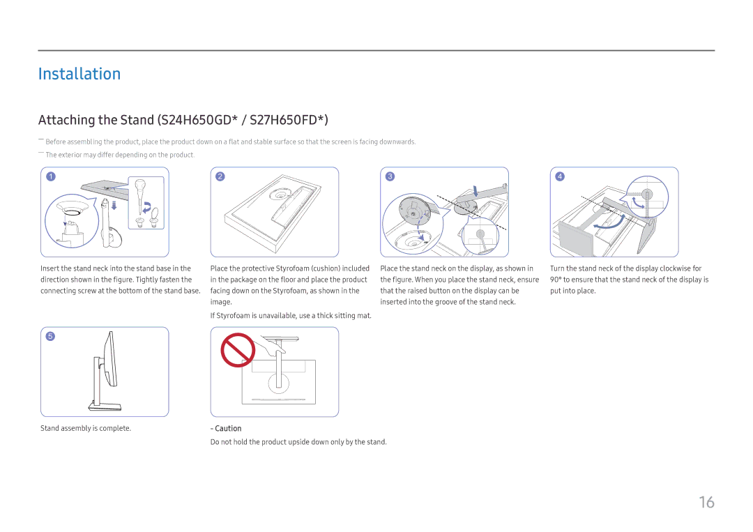 Samsung LS24H650GDUXEN, LS24H650FDUXEN, LS27H650FDUXEN manual Installation, Attaching the Stand S24H650GD* / S27H650FD 