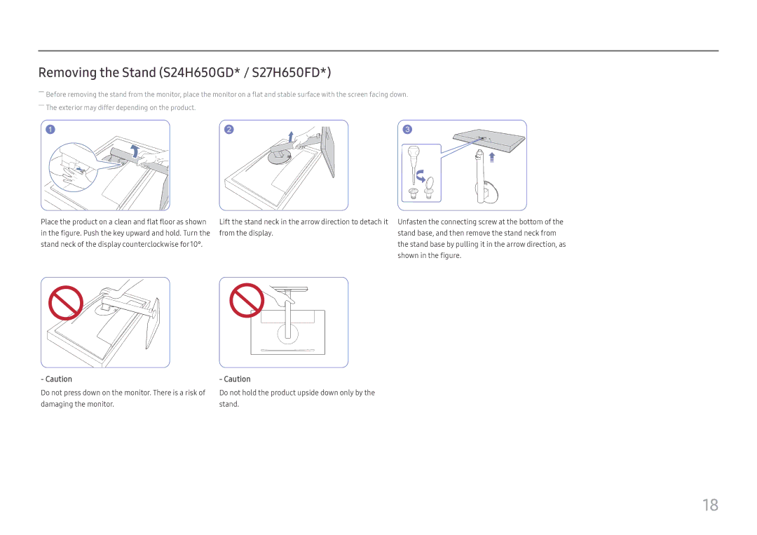 Samsung LS27H650FDUXEN, LS24H650GDUXEN, LS24H650FDUXEN, LS24H650FDUXXE manual Removing the Stand S24H650GD* / S27H650FD 