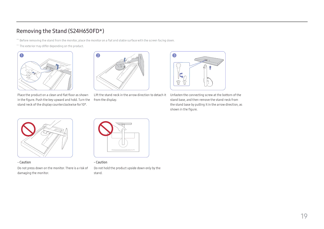 Samsung LS24H650FDUXXE, LS24H650GDUXEN, LS24H650FDUXEN, LS27H650FDUXEN, LS24H650GDUXXE manual Removing the Stand S24H650FD 