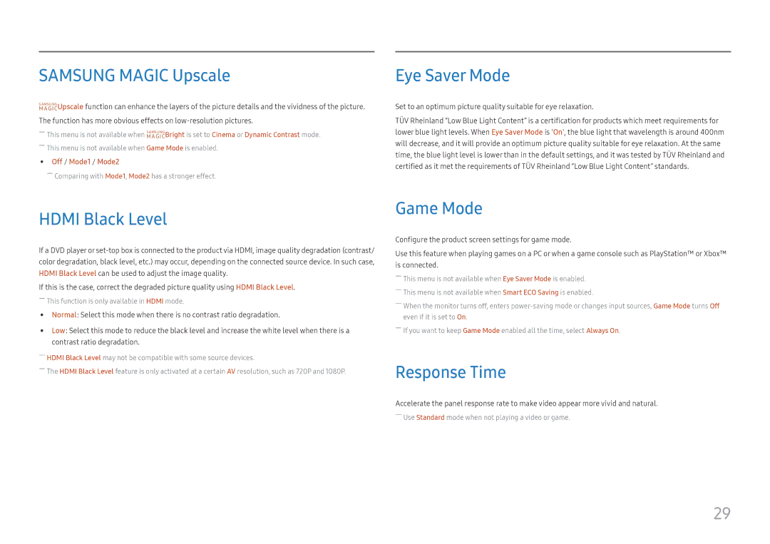 Samsung LS27H650FDIXCI, LS24H650GDUXEN Samsung Magic Upscale, Eye Saver Mode, Hdmi Black Level, Game Mode, Response Time 
