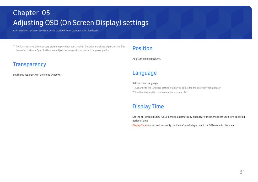 Samsung LS27H650FDMXCH manual Adjusting OSD On Screen Display settings, Position, Transparency, Language, Display Time 