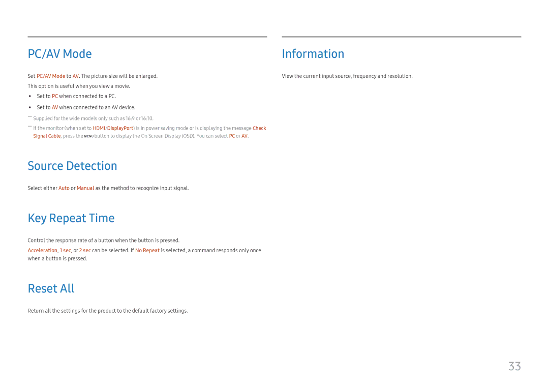 Samsung LS24H650FDUXEN, LS24H650GDUXEN, LS27H650FDUXEN manual PC/AV Mode, Source Detection, Key Repeat Time, Reset All 