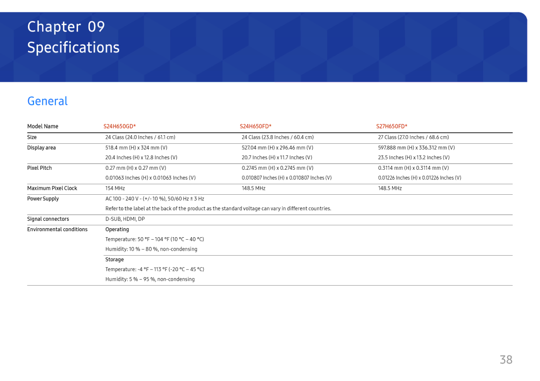 Samsung LS24H650GDIXCI, LS24H650GDUXEN, LS24H650FDUXEN, LS27H650FDUXEN, LS24H650FDUXXE, LS24H650GDUXXE Specifications, General 