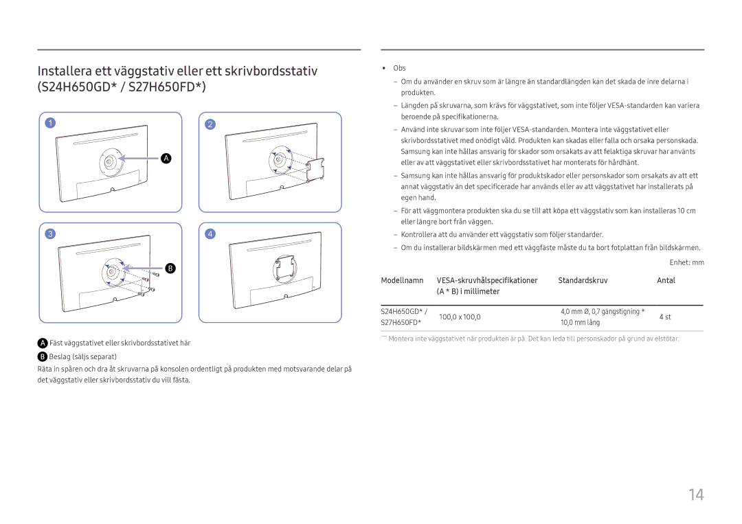 Samsung LS24H650GDUXXE, LS24H650GDUXEN, LS24H650FDUXEN, LS27H650FDUXEN Modellnamn VESA-skruvhålspecifikationer Standardskruv 