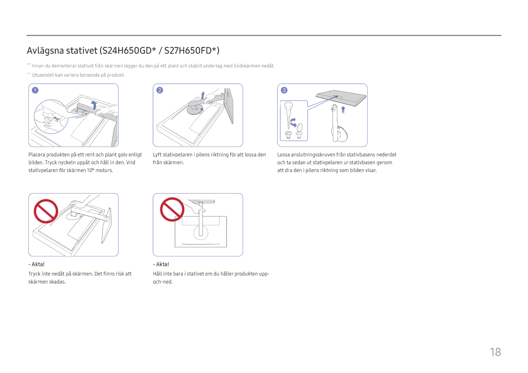 Samsung LS24H650FDUXXE, LS24H650GDUXEN, LS24H650FDUXEN, LS27H650FDUXEN manual Avlägsna stativet S24H650GD* / S27H650FD 