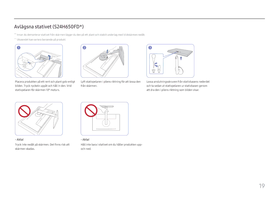 Samsung LS24H650GDUXXE, LS24H650GDUXEN, LS24H650FDUXEN, LS27H650FDUXEN, LS24H650FDUXXE manual Avlägsna stativet S24H650FD 