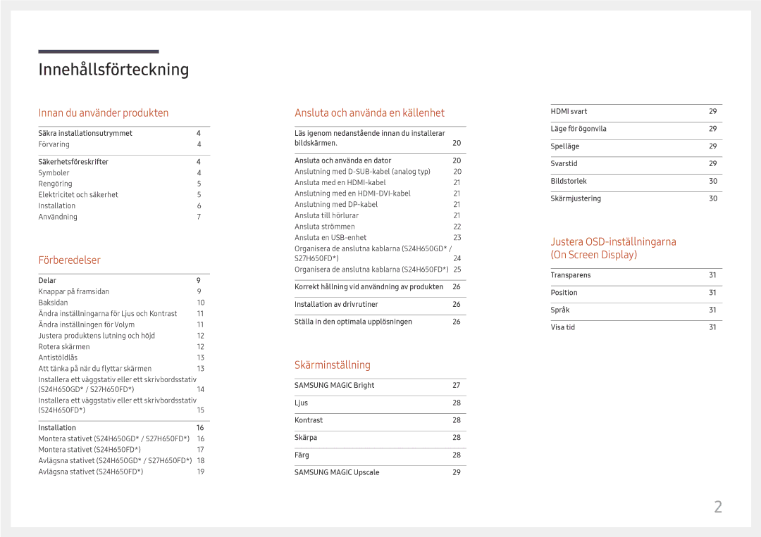 Samsung LS27H650FDUXEN, LS24H650GDUXEN, LS24H650FDUXEN, LS24H650FDUXXE, LS24H650GDUXXE manual Innehållsförteckning 