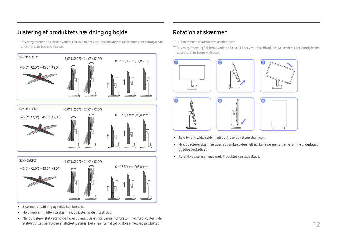 Samsung LS27H650FDUXEN, LS24H650GDUXEN, LS24H650FDUXEN manual Justering af produktets hældning og højde, Rotation af skærmen 