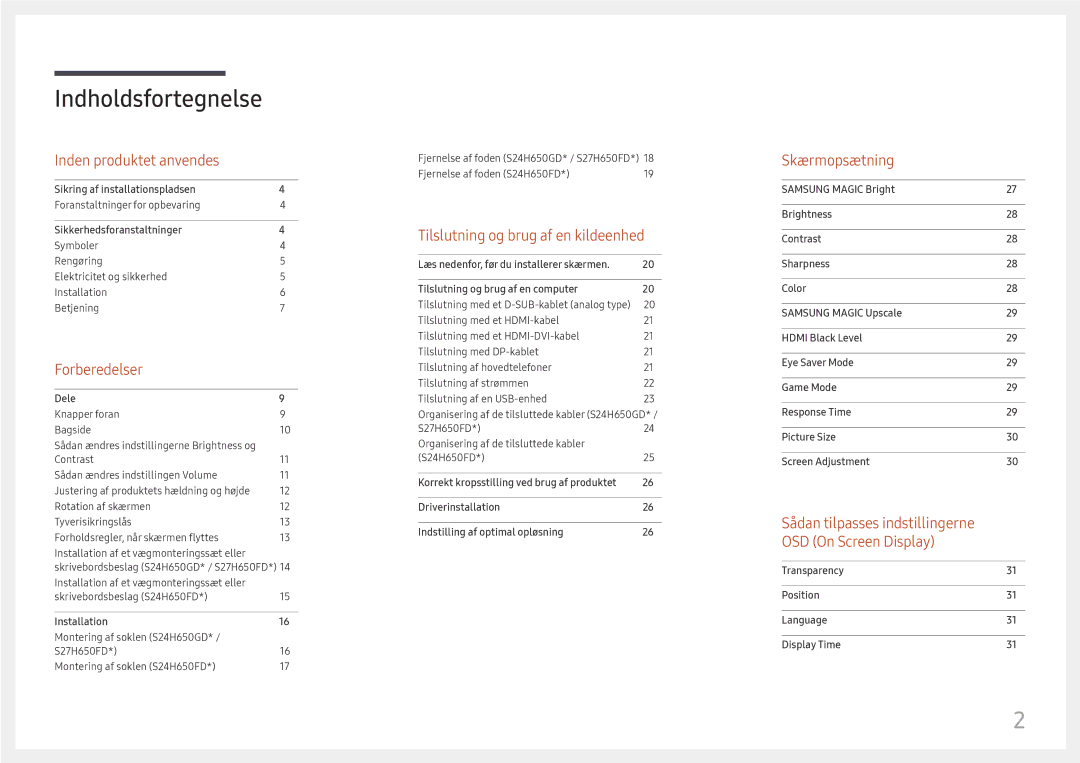 Samsung LS27H650FDUXEN, LS24H650GDUXEN, LS24H650FDUXEN, LS24H650FDUXXE, LS24H650GDUXXE manual Indholdsfortegnelse 