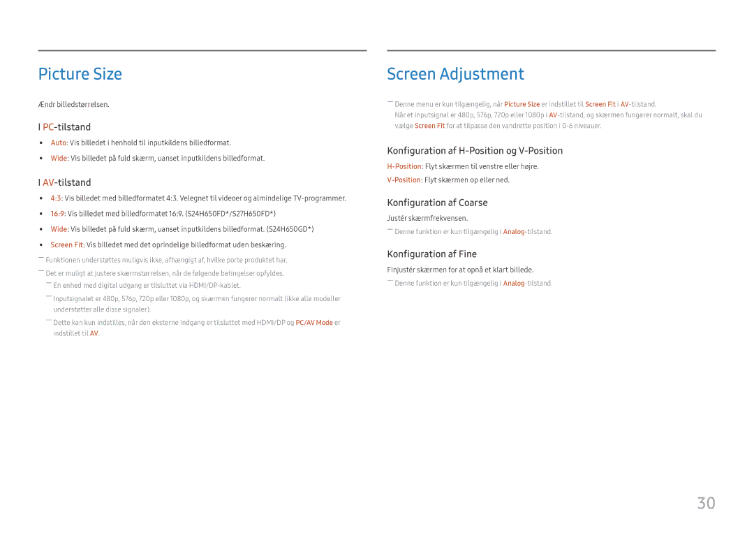 Samsung LS24H650GDUXEN, LS24H650FDUXEN, LS27H650FDUXEN, LS24H650FDUXXE, LS24H650GDUXXE manual Picture Size, Screen Adjustment 