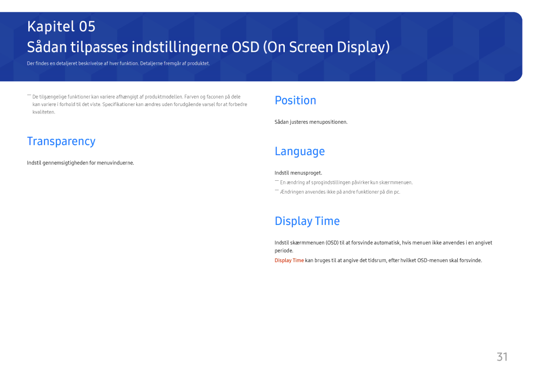 Samsung LS24H650FDUXEN manual Sådan tilpasses indstillingerne OSD On Screen Display, Position, Transparency, Language 