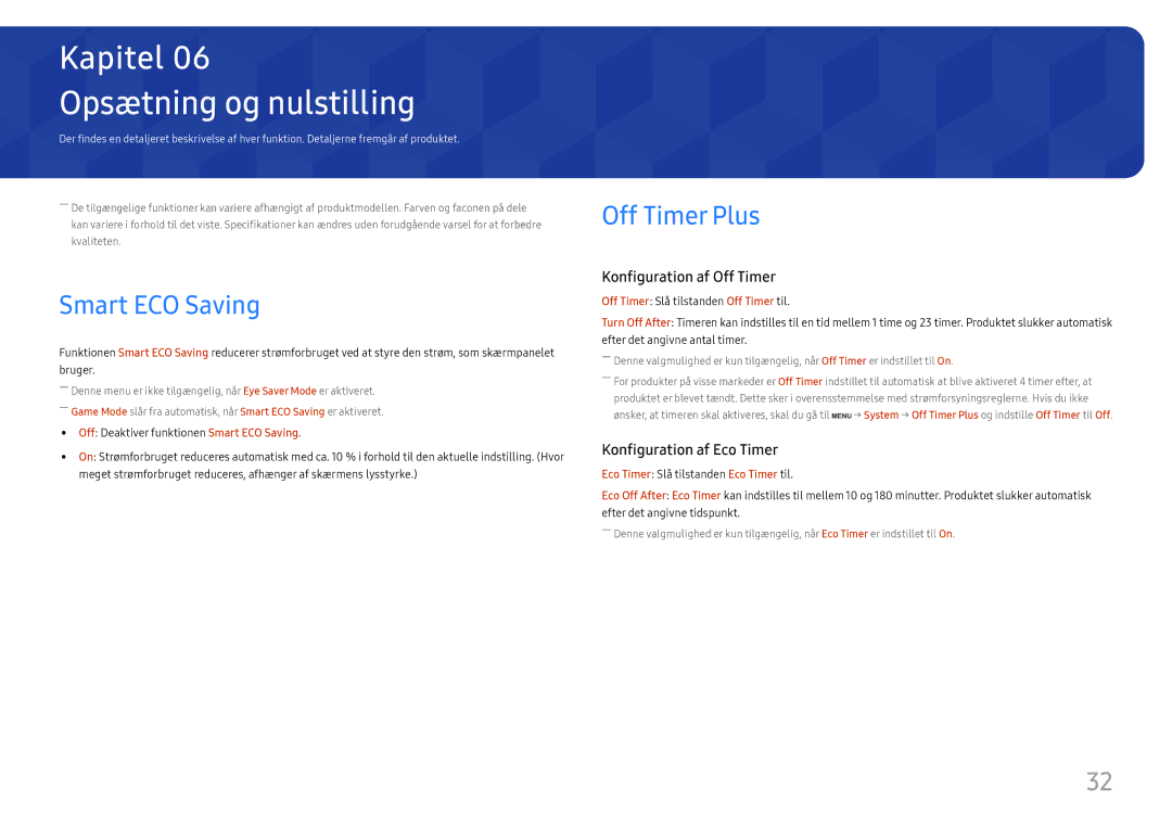 Samsung LS27H650FDUXEN, LS24H650GDUXEN, LS24H650FDUXEN manual Opsætning og nulstilling, Smart ECO Saving, Off Timer Plus 