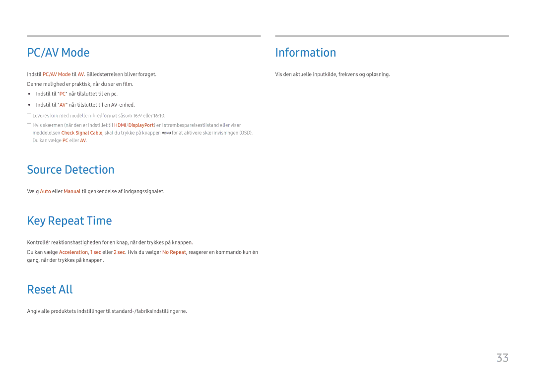 Samsung LS24H650FDUXXE, LS24H650GDUXEN, LS24H650FDUXEN manual PC/AV Mode, Source Detection, Key Repeat Time, Reset All 