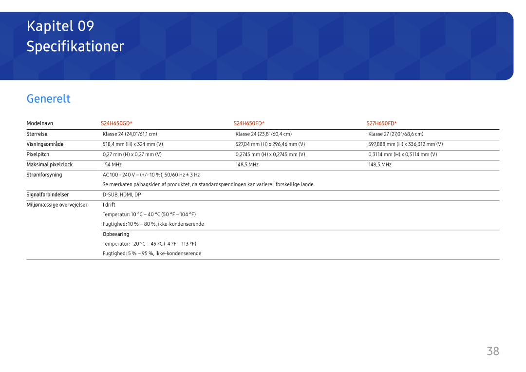 Samsung LS24H650FDUXXE, LS24H650GDUXEN, LS24H650FDUXEN, LS27H650FDUXEN, LS24H650GDUXXE manual Specifikationer, Generelt 