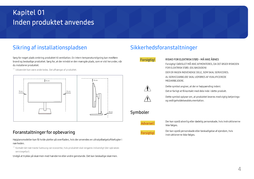 Samsung LS24H650GDUXXE Inden produktet anvendes, Sikring af installationspladsen Sikkerhedsforanstaltninger, Symboler 