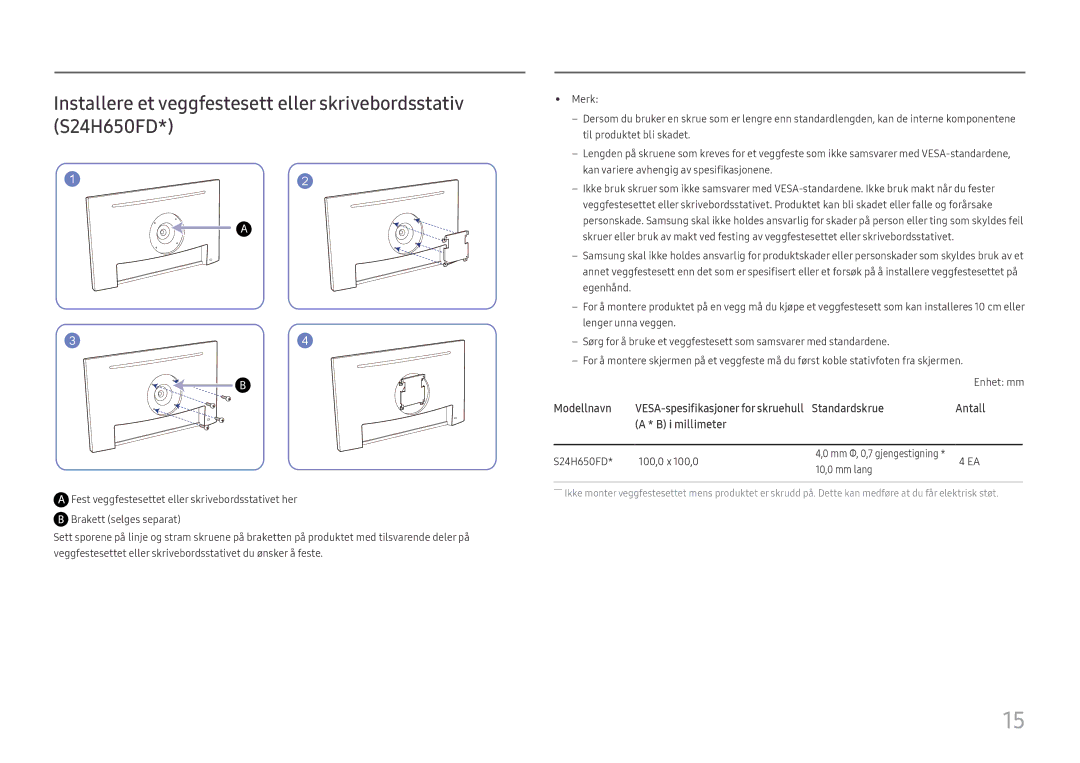 Samsung LS24H650GDUXEN, LS24H650FDUXEN, LS27H650FDUXEN manual Modellnavn VESA-spesifikasjoner for skruehull Standardskrue 