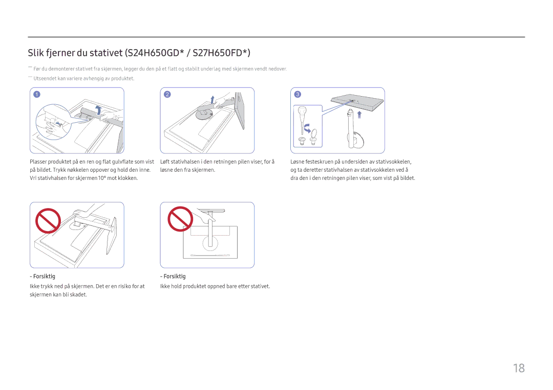 Samsung LS24H650FDUXXE, LS24H650GDUXEN, LS24H650FDUXEN, LS27H650FDUXEN manual Slik fjerner du stativet S24H650GD* / S27H650FD 