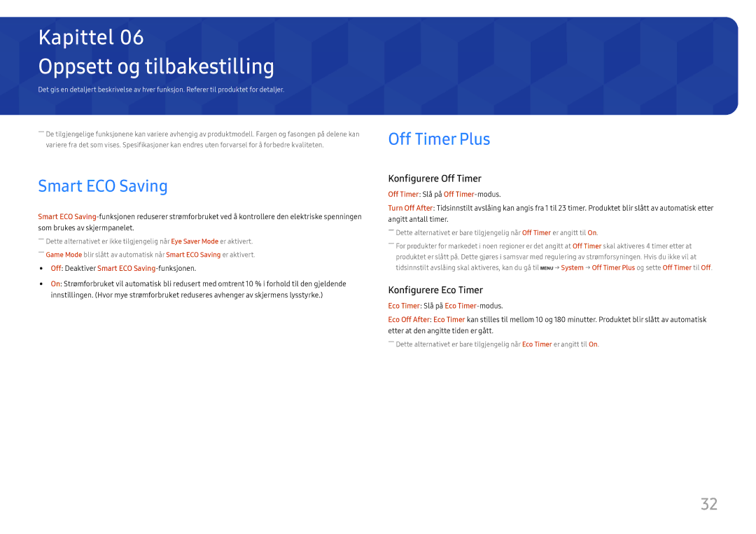 Samsung LS27H650FDUXEN, LS24H650GDUXEN, LS24H650FDUXEN manual Oppsett og tilbakestilling, Smart ECO Saving, Off Timer Plus 
